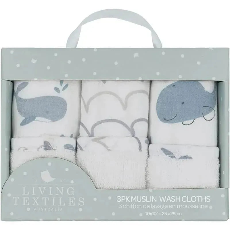 Living Textiles - 3Pk Whale Of A Time Muslin Wash Cloths  Image 3