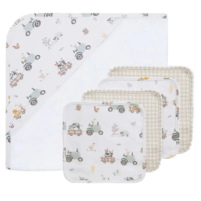 5-piece bath gift set includes a hooded towel with tractor print and four washcloths in assorted patterns.