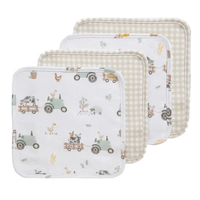 Five-piece bath gift set featuring cotton washcloths with tractor and animal prints, in soft pastel colors.