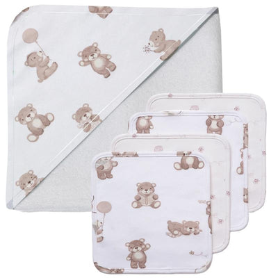Cuddly Bear Bath Gift Set with a hooded towel featuring bear patterns and four washcloths in matching designs.
