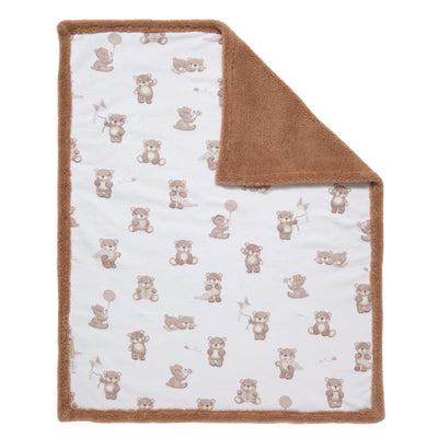 Jersey Sherpa blanket featuring a playful bear pattern, with soft, brown fleece border on one edge.