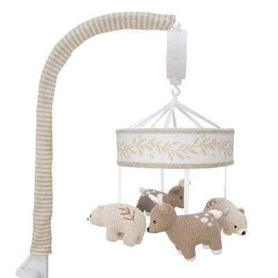 Musical mobile featuring knitted bear and deer toys, suspended from a circular base with a leaf pattern.