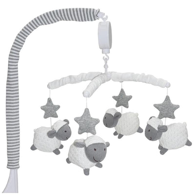 Musical mobile featuring three plush sheep and two gray stars, designed to hang over a crib.