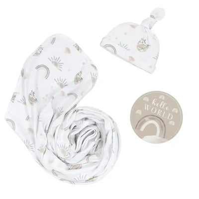 Living Textiles - Baby Gift Set, Hello World, Premium Cotton Jersey Swaddle and Beanie, Rainbow Sloth Image 2