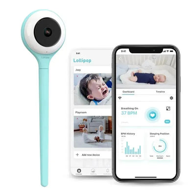 Smart Wi-Fi baby monitor in turquoise next to a mobile app display showing baby monitoring features and video feeds.