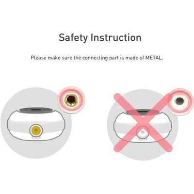 Safety instruction graphic indicating the need for a metal connecting part, with correct and incorrect connection visuals.