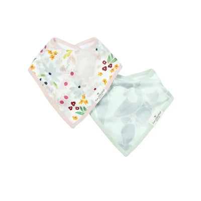 Bib set featuring two muslin bibs: one with a colorful floral pattern and the other in a soft green with bird designs.