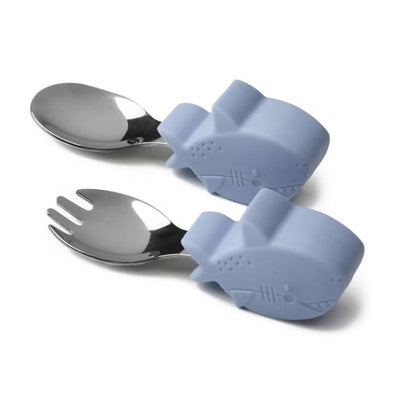 Loulou Lollipop Smiley Sharks Learning Utensils Set featuring a spoon and fork with shark-shaped silicone handles.