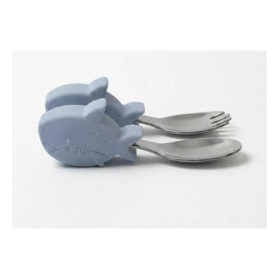 Loulou Lollipop utensils set with blue shark-shaped handles, featuring a spoon and fork for kids.