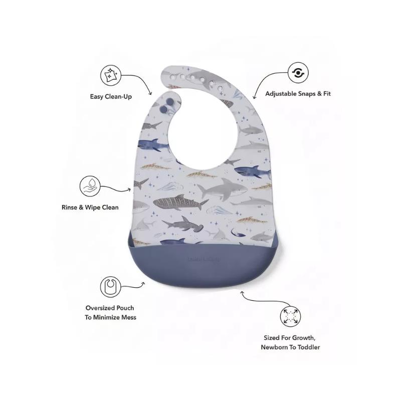 Loulou Lollipop Silicone Bib Printed, Smiley Sharks Image 2