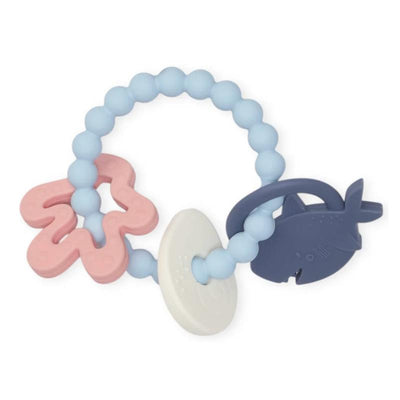 Loulou Lollipop teething charms featuring three colorful shapes: a pink star, a blue ring, and a navy shark.