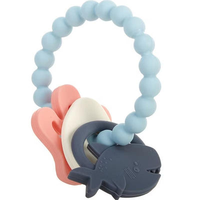 Teething charms featuring smiley shark and colorful silicone beads in blue, pink, and white.