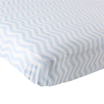 Blue chevron pattern fitted crib sheet for babies, featuring soft textures in light blue and white colors.