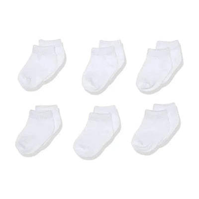 Six pairs of unisex white baby socks with a soft, cozy design, ideal for infants.