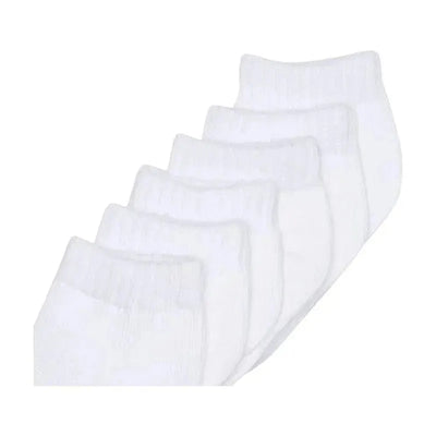 Set of six unisex white baby socks, featuring a soft, ribbed ankle design suitable for infants.