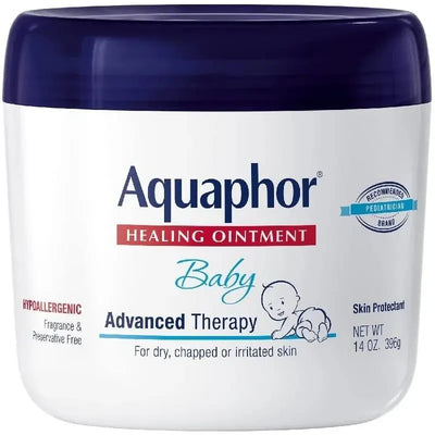 Aquaphor Baby Healing Ointment in a 14 oz container, labeled for dry or chapped skin, features a baby illustration.