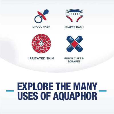Infographics showing the uses of Aquaphor for drool rash, diaper rash, irritated skin, and minor cuts and scrapes.