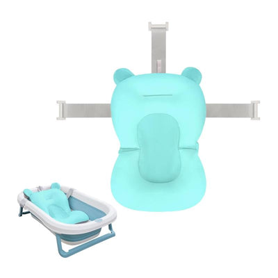 Breathable blue bear baby bath seat with adjustable straps, designed for safe and comfortable bathing.