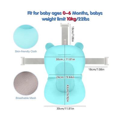 Soft, adjustable baby bath seat in blue bear design, made of breathable mesh and skin-friendly cloth, suitable for 0-6 months.
