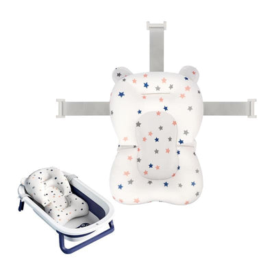 Breathable blue star-patterned baby bath net; soft, adjustable seat with safety straps and a removable tub base.