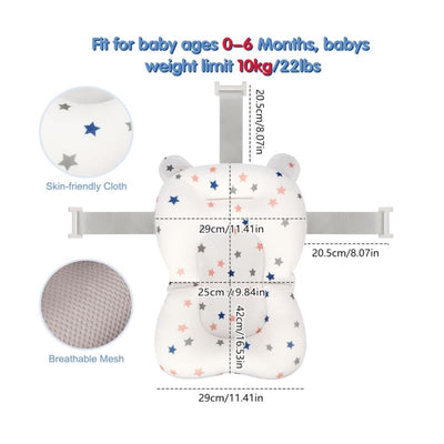 Breathable blue star-patterned baby bath seat for infants 0-6 months, made of skin-friendly cloth and breathable mesh.