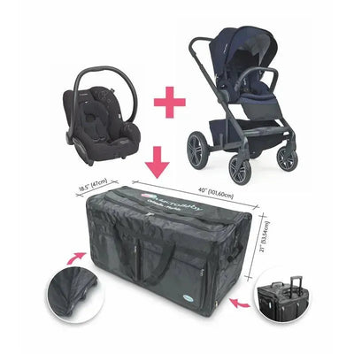 MacroBaby Luggage shows a large, black travel bag designed to carry a stroller and car seat, with dimensions marked.