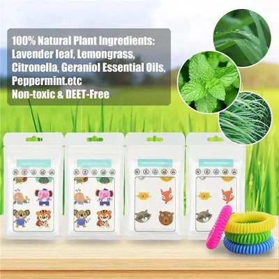 Mosquito repeller patches featuring cute animal designs, made with natural ingredients, and colorful silicone bracelets.