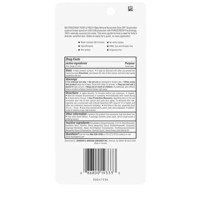 Neutrogena Pure & Free Baby Mineral Sunscreen Stick SPF 50, zinc oxide, hypoallergenic, water-resistant, with usage directions and warnings.