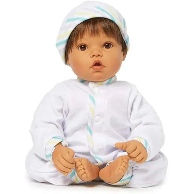 Medium skin tone doll with brown eyes and black hair, wearing a white outfit and hat with pastel stripes.