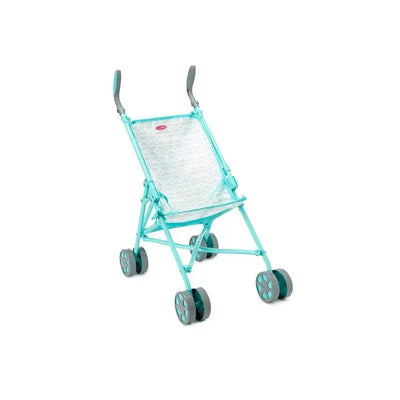 Soft gray umbrella stroller designed for up to 18-inch dolls, featuring a light teal frame and patterned seat.