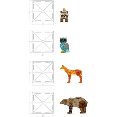 Colorful forest animal figures from the Magnatiles 25-piece magnetic construction set, including a raccoon, owl, giraffe, and bear.