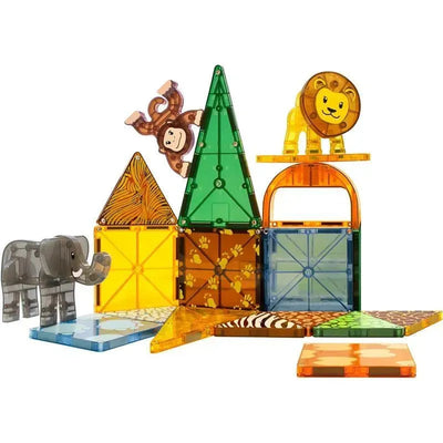 25-piece Magnatiles set featuring colorful magnetic tiles shaped as safari animals, including a lion, monkey, and elephant.