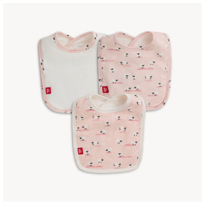 Three baby bibs in pink modal; two feature sheep patterns, while one is solid white, designed to stay dry.