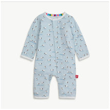 Light blue modal coverall featuring a sheep pattern and contrasting striped neckline, designed for infants.