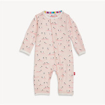 Baby pink modal coverall featuring a Baa Baa sheep print, with long sleeves and magnetic closures.