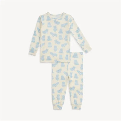 Baby pajama set featuring a long sleeve top and matching pants, adorned with a playful blue animal print on a cream background.