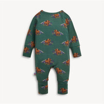 Green modal convertible coverall for infants featuring bison and mountain graphics, designed for comfort and style.