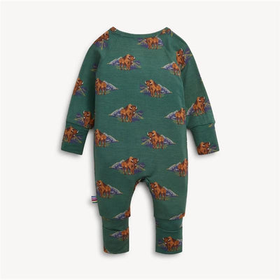 Green modal convertible coverall for infants featuring bison and mountain graphics, designed for comfort and style.