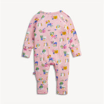 Modal convertible coverall in pink with colorful cat and book illustrations, designed for comfort and easy dressing.