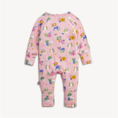 Modal convertible coverall in pink with colorful cat and book illustrations, designed for comfort and easy dressing.
