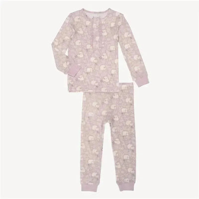 Bamboo pajama set featuring a light purple color with bear and star patterns, includes long-sleeve top and pants.