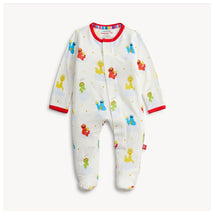 Magnetic Me Elmo Modal Footie with colorful Sesame Street character prints on a white background and red trim.