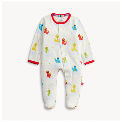 White modal footie featuring colorful cartoon characters from Sesame Street, including Elmo, Cookie Monster, and Big Bird.