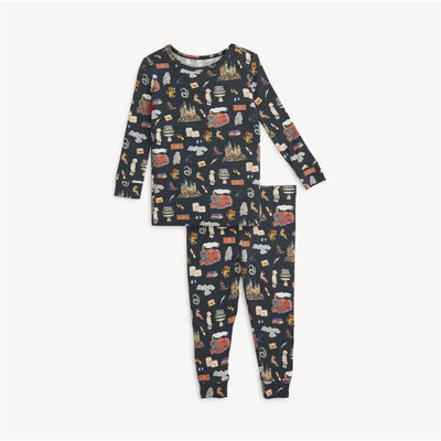 Harry Potter-themed long sleeve pajamas featuring a colorful print of iconic symbols and characters on a dark background.