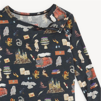 Long sleeve pajamas featuring Harry Potter-themed designs, including Hogwarts, a train, magical creatures, and various iconic symbols.