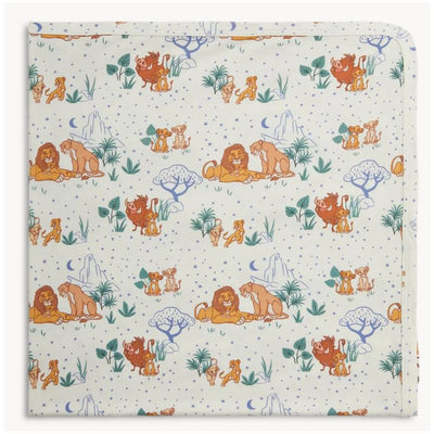 Modal blanket featuring whimsical Lion King characters, including Simba, Mufasa, and Pumbaa, against a soft, nature-themed background.