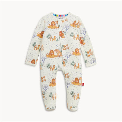 Modal footie featuring Lion King characters, soft fabric with lion and cub illustrations, front snap closure, and colorful neckline.