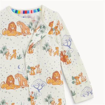 Footie pajama featuring a colorful Lion King print with lions and cubs, designed for infants.
