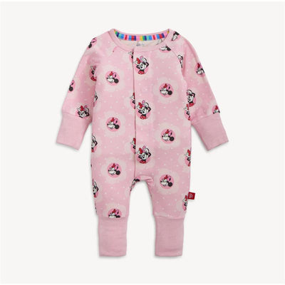 Minnie Mouse-themed pink convert coverall with long sleeves and polka dot pattern, featuring a rainbow-striped collar.