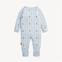 Blue modal convertible coverall featuring a whimsical pattern of teddy bears, clouds, and stars. Ideal for nursery use.
